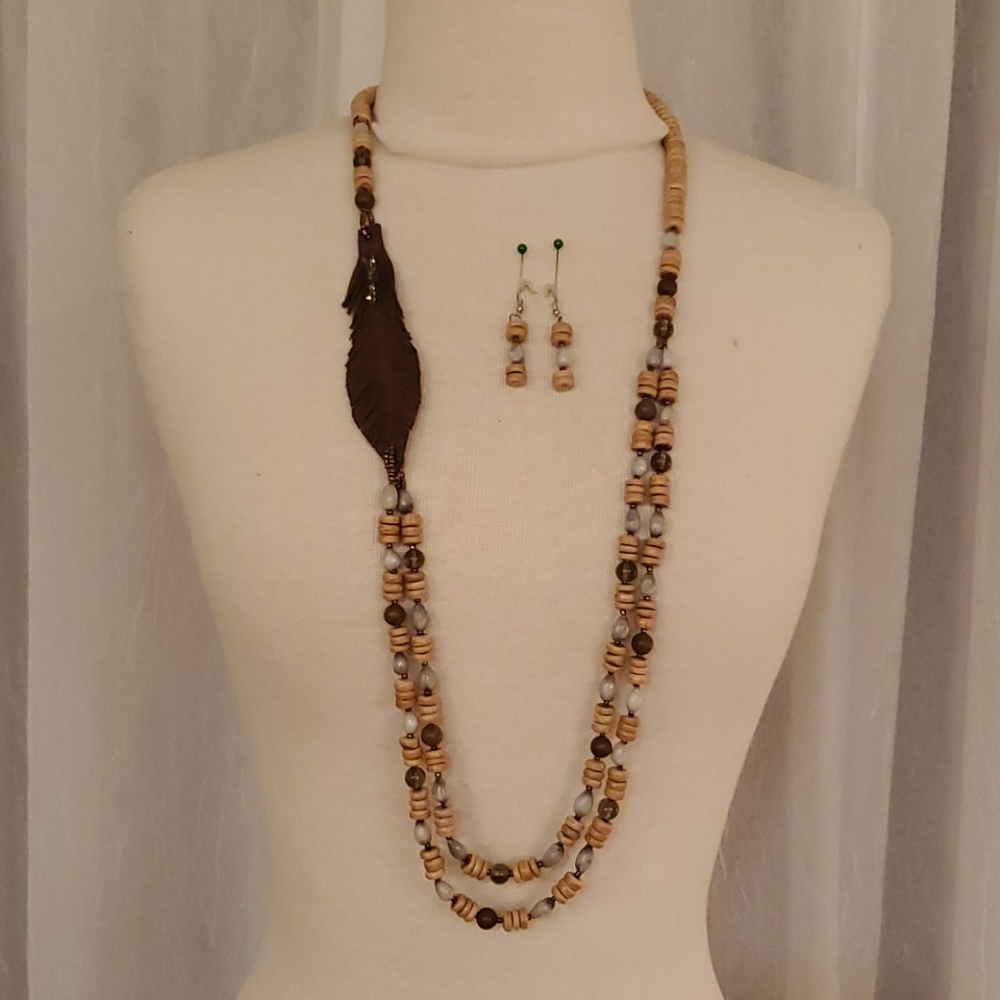 Boho style wood and bead necklace & earrings